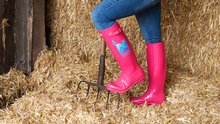 Pinke Gummistiefel und Mistgabel in Heu